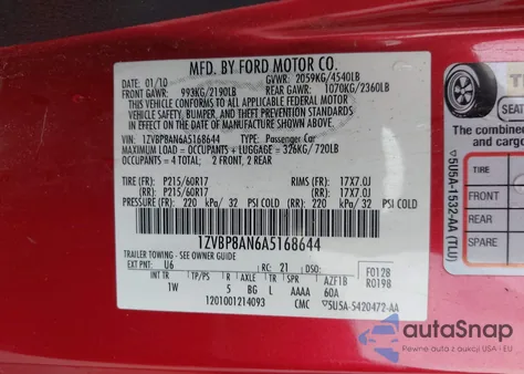 2010 Ford Mustang V6/V6 Premium from USA, damaged, VIN 1ZVBP8AN6A5168644